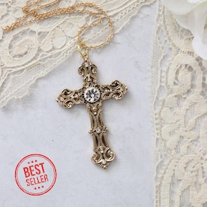 Gold Baroque Cross Pendant Necklace: Vintage Style Christian Jewelry