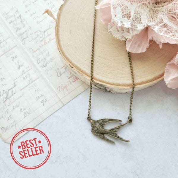 Antique Gold Bird Necklace: Dainty Woodland Jewelry