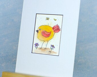 Original Watercolor Bird ACEO: Whimsical Yellow Bird with Daisies
