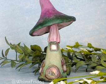 Pink and Green Mushroom House, Fairy Faery House, Whimsical Mushroom House Clay Sculpture, One of a Kind Mushroom Home Figurine