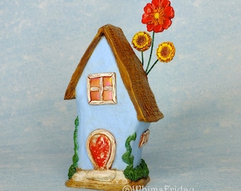 Handmade Miniature Clay House, Flower Cottage House, Whimsical Cottagecore House with Flowers