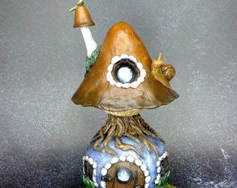 Mushroom Fairy Light House with Snail and Dragonfly, Cottagecore Mushroom House, Faery House, One of a Kind Fairy House Sculpture