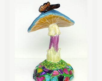 Mushroom with Butterfly, Mushroom Décor, Cottagecore, OOAK Mushroom Clay Sculpture, Handmade One of a Kind Mushroom Sculpture