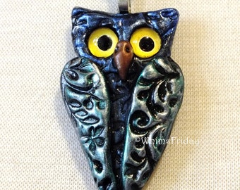 Metallic Blue and Green Owl Pendant Necklace, Cute Owl Pendant Necklace Jewelry, OOAK Handmade Owl Necklace