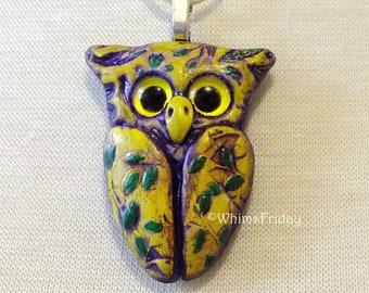 Whimsical Purple Yellow and Green Owl Pendant Necklace, Cute Owl Pendant Necklace Jewelry, OOAK Handmade Owl Necklace