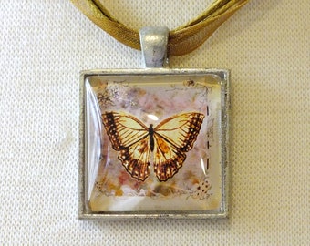 Butterfly Pendant Necklace, Cottagecore Fairy Yellow Butterfly Glass Pendant Necklace with Ribbon Cord