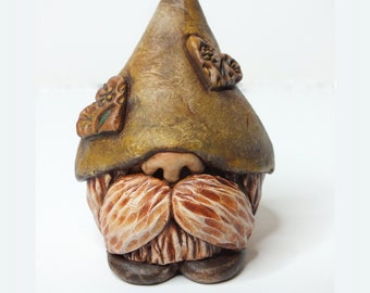 Woodland Forest Gnome with Flower Hearts, Small Tiny Tomte Gnome Art Doll Figurine, OOAK, One of a Kind Clay Sculpture