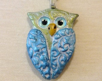 One of a Kind Whimsical Owl Pendant Necklace, Light Green and Blue with Sky Blue Eyes Owl Pendant Necklace