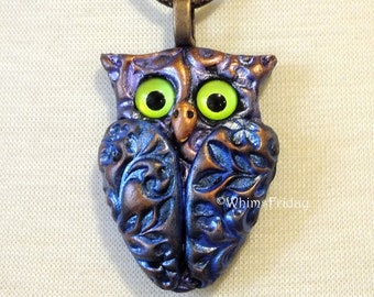 Metallic Blue and Copper Owl Pendant Necklace, Cute Owl Pendant Necklace Jewelry, OOAK Handmade Owl Necklace