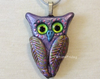 Whimsical Purple and Pink Green Eyed Owl Pendant Necklace, Cute Owl Pendant Necklace Jewelry, OOAK Handmade Owl Necklace