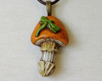 Orange Toadstool Mushroom Green Dragonfly Pendant Necklace, Cottagecore Mushroom Necklace, Fairy Mushroom Pendant Necklace