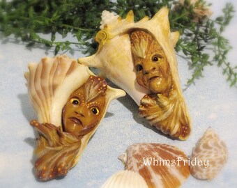 Hand Sculpted Mermaid and Merman in Conch Shell, Face in Shell, Shell Art, Merpeople Merfolk Sculpture, Fantasy Shell Creatures