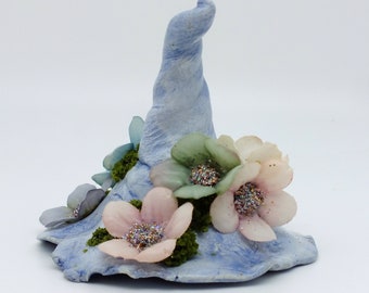 Whimsical Witch Hat Pastel Flowers OOAK Clay Sculpture, Witch's Desk Buddy, Witchy Gift Decor