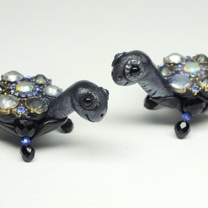 Two Crystal Jeweled Turtles - OOAK Mixed Media Clay Sculpture with Vintage Turtle Figurine and Jewelry - Small Size
