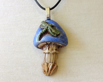 Blue Toadstool Mushroom Dragonfly Pendant Necklace, Cottagecore Mushroom Necklace, Fairy Mushroom Pendant Necklace