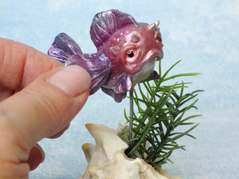 Handmade Pink and Purple Fantasy Fish Sculpture in a Shell, OOAK Fish and Shell Sculpture, Sea Beach Decor, Whimsical Fish Figurine image 2