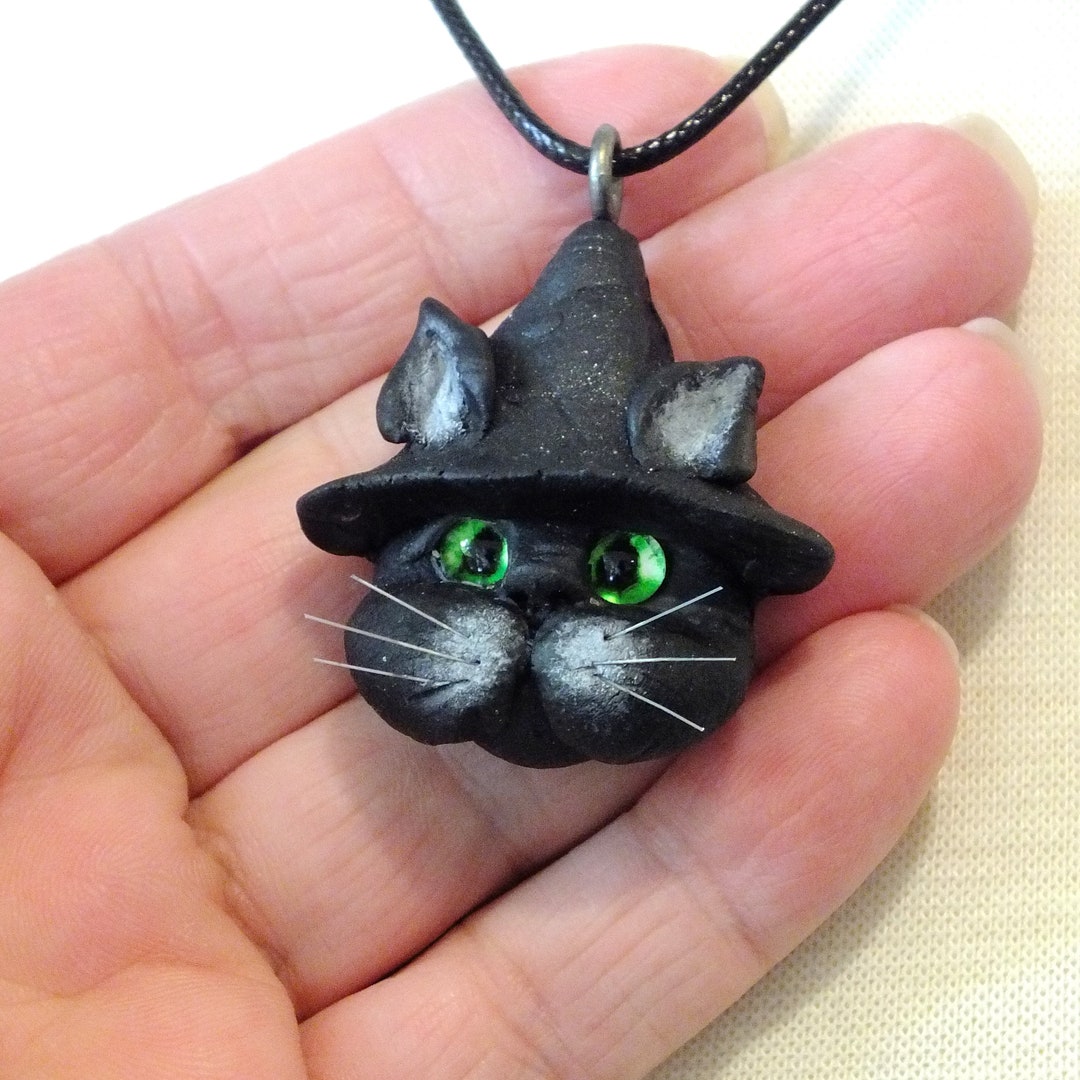 Handmade Witch Cat Pendant Necklace - Halloween Feline Familiar Jewelry ...