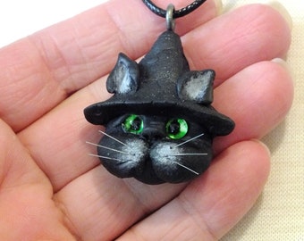 Kitty Cat in Witch Hat Handmade Pendant Necklace, Spooky Halloween Feline, Witch's Familiar Jewelry