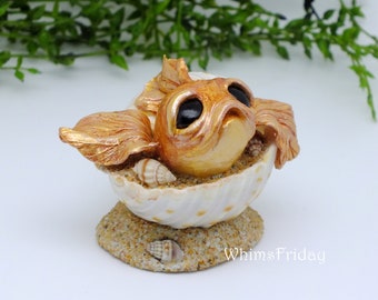 Cute Fish Sculpture in a Shell, OOAK Clay Fish and Shell Sculpture, Sea Beach Decor, Whimsical Fish Figurine