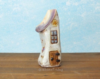 Handmade Miniature Clay House, Slant Shell Roof Flower Cottage House, Whimsical Cottagecore House with Flowers