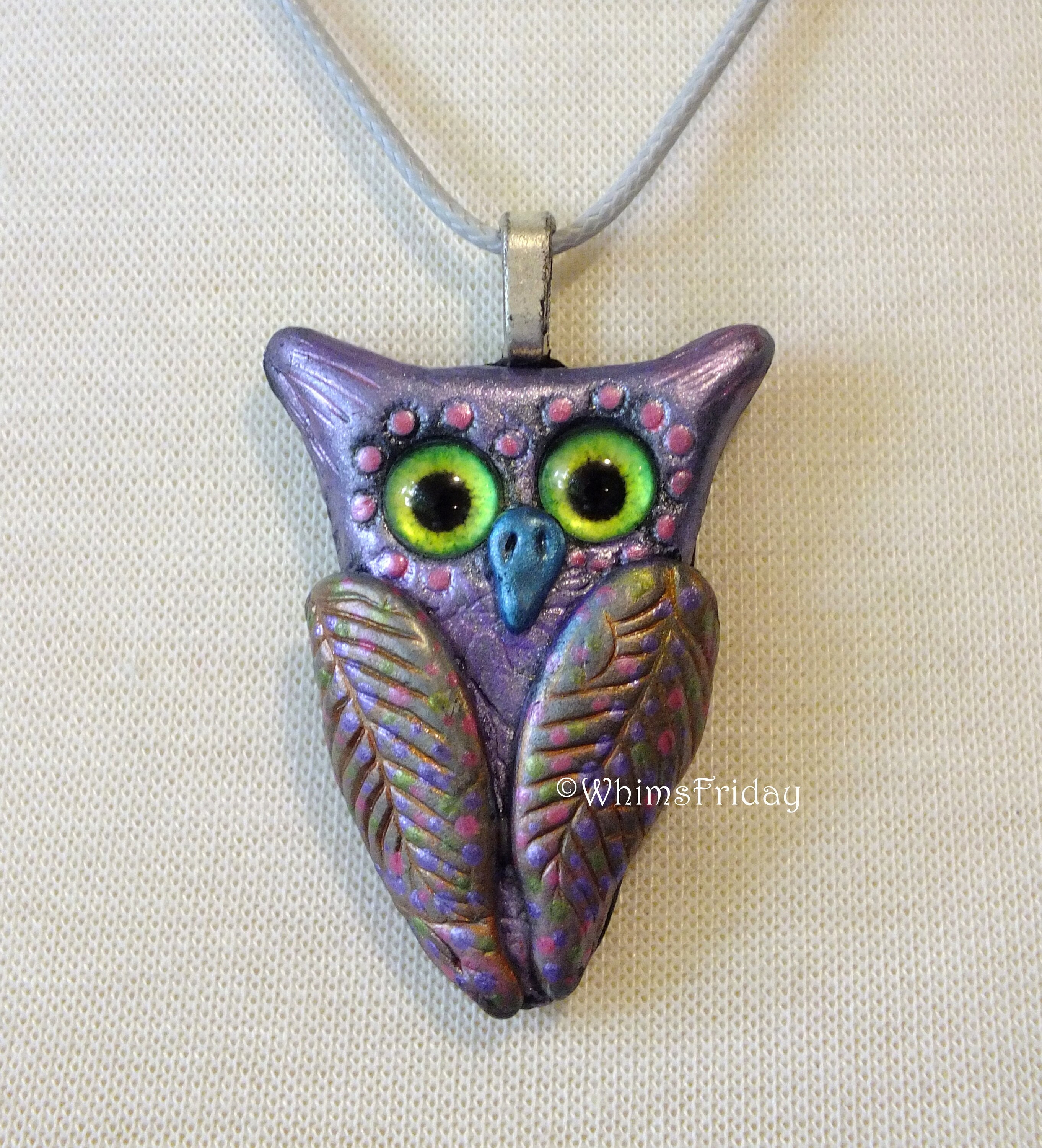 Whimsical Owl Pendant Necklace - Purple Pink Green Eyed Jewelry - Handmade One of a Kind - OOAK