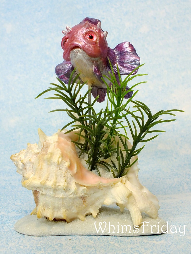 Handmade Pink and Purple Fantasy Fish Sculpture in a Shell, OOAK Fish and Shell Sculpture, Sea Beach Decor, Whimsical Fish Figurine image 1