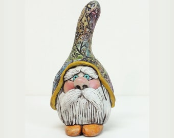 Bohemian Spirit Hippie Gnome with Flower Hat, Tomte Gnome Art Doll Figurine, OOAK, One of a Kind Clay Sculpture