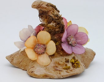 Whimsical Witch Hat Pastel Flowers OOAK Clay Sculpture, Witch's Desk Buddy, Witchy Gift Decor