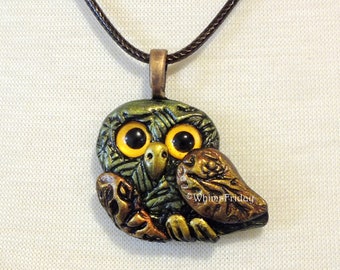 Whimsical Metallic Green and Copper Owl Pendant Necklace, Cute Owl Pendant Necklace Jewelry, OOAK Handmade Owl Necklace