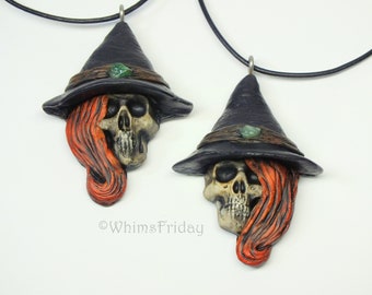 Halloween Skull Witch OOAK Pendant Necklace Clay, Redheaded Skull Witch with Witch Hat, Witch Pendant Necklace, Wiccan Goth Witch Pendant