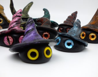 OOAK Halloween Witch Hat Boos Clay Sculptures, Witch's Familiar, Halloween Décor, Little Imps, Spooky Cute Hat Demons,  Devilish Demon Boos