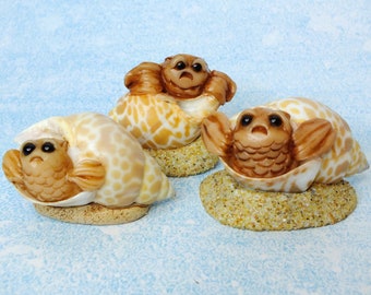 Funny Fish in Shell Sculptures, Whimsical Cute Sea Critters in Shells, OOAK Fish Sea Life Art Collectibles Figurines