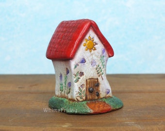 Handmade Miniature Clay House, Red Roof and White House with Flowers and a Sun, Tiny Cottage House, Whimsical Cottagecore House with Flowers