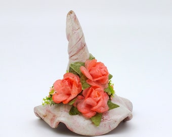 Whimsical Witch Hat Pastel Pink Flowers OOAK Clay Sculpture, Witch's Desk Buddy, Witchy Gift Decor