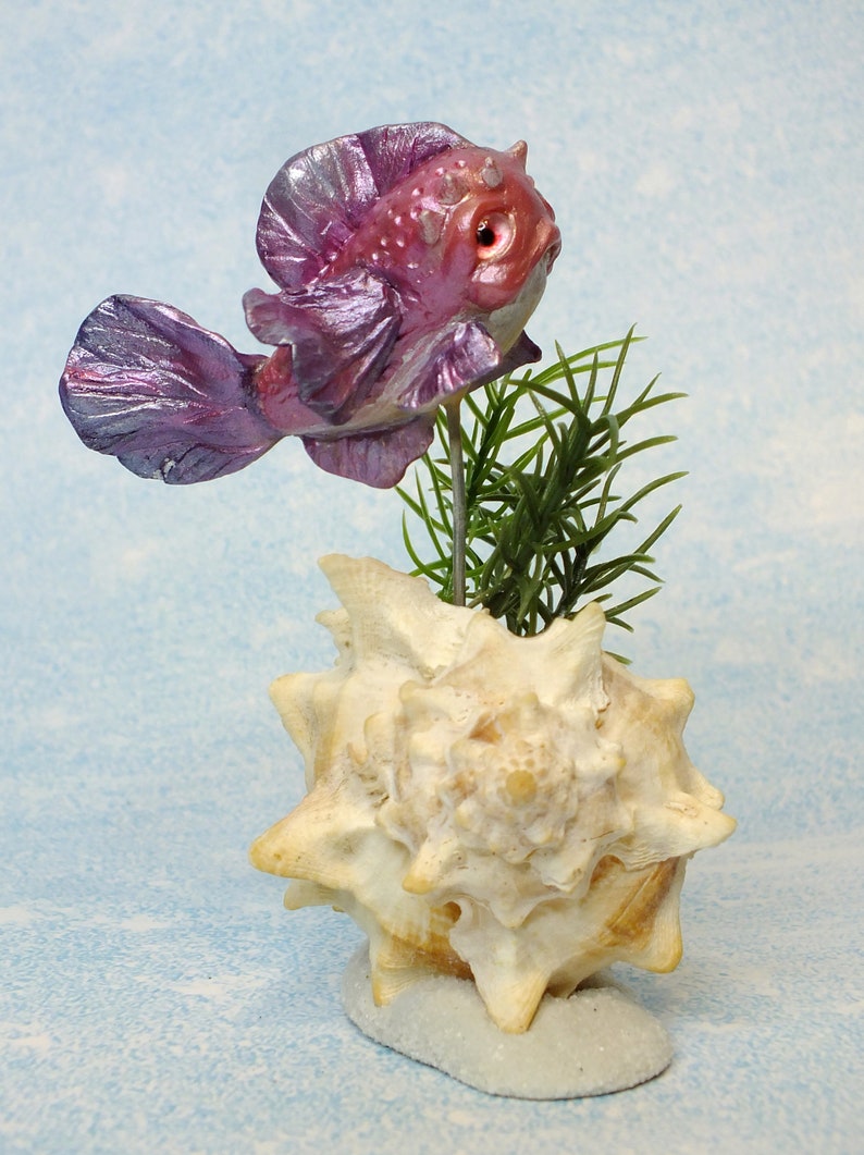 Handmade Pink and Purple Fantasy Fish Sculpture in a Shell, OOAK Fish and Shell Sculpture, Sea Beach Decor, Whimsical Fish Figurine image 4