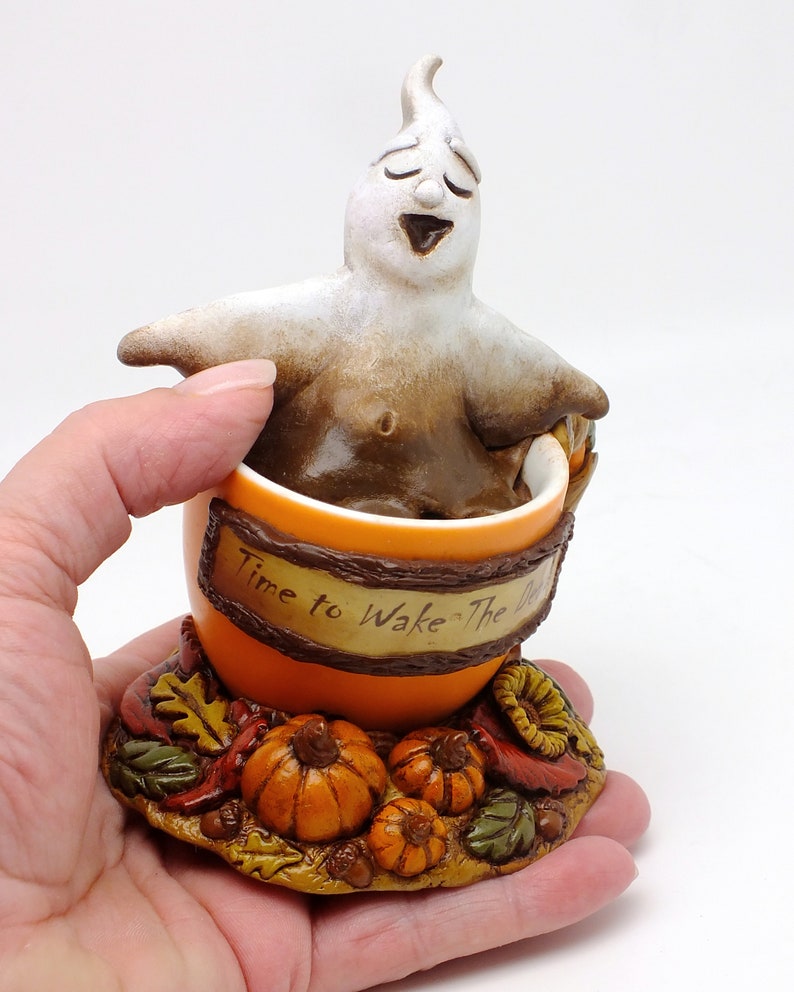 Coffee Ghost Halloween Pumpkins Fall Decor, Coffee Halloween Lover Gift, One of a Kind Ghost Coffee Sculpture image 2