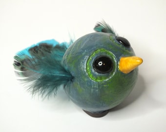 Desk Buddy Bird, Blue and Green Whimsical Bird Sculpture with Feathers, Mixed Media, OOAK, One of a Kind Bird Art