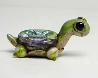 OOAK Green Purple Turtle Sculpture , Turtle Figurine, Turtle Gifts, Turtle Lover, Turtle Mixed Media Clay Sculpture