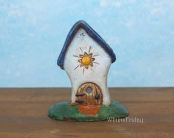 Handmade Miniature Clay House, Blue and White with Red Flowers and a Sun Cottage House, Whimsical Cottagecore House with Flowers