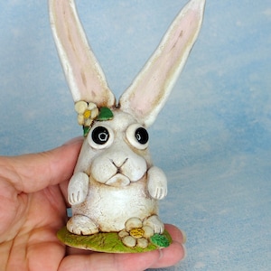 Handmade Whimsical White Bunny Figurine – OOAK Clay Sculpture, Cute Rabbit Decor & Cottagecore Gift - Easter Bunny