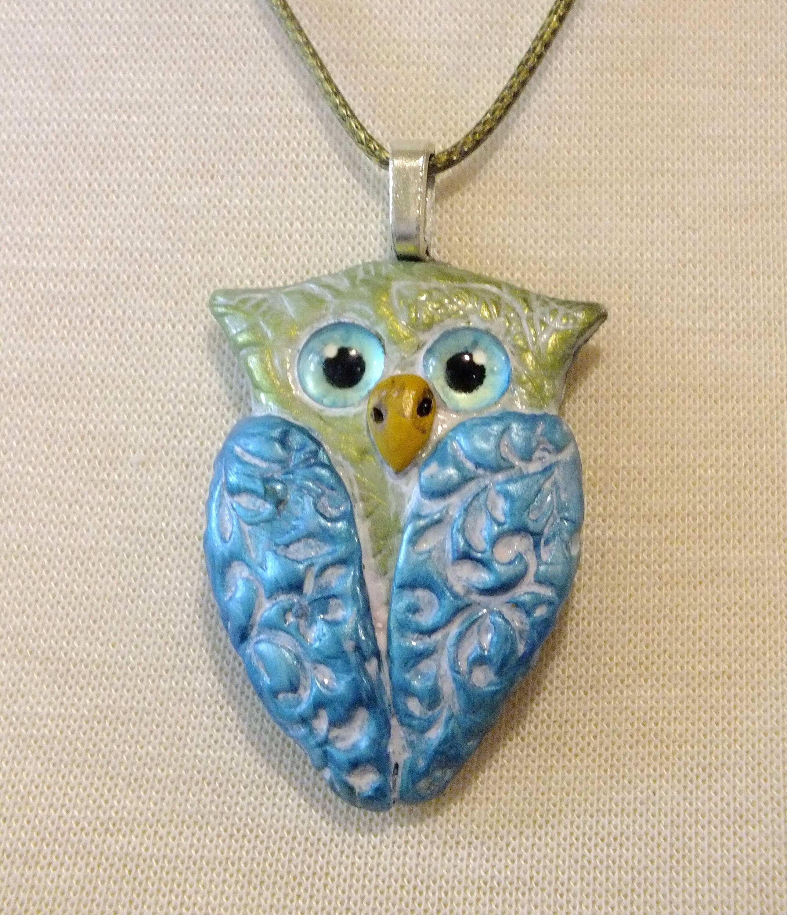Whimsical Owl Pendant Necklace - One of a Kind Pastel Green and Blue - Handcrafted Jewelry