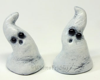 Ghost Halloween Decor, Pair of Hand Sculpted Clay Miniature Ghost Figurines, Spooky Cute Little Boos, OOAK Ghost Figurine Clay Sculpture