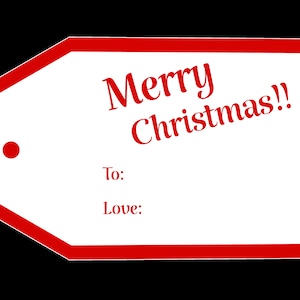 以下が含まれることがあります： 赤と白のギフトタグに「メリークリスマス！」の文字と、「To:」と「Love:」の空白スペースがあります