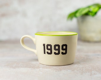 Year mug, 1980 40th birthday gift personalised year cup varsity font