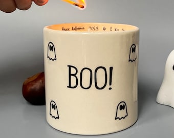 Boo! Spooky handmade ghost candle. Halloween candle decorated ghosts, handpoured candle