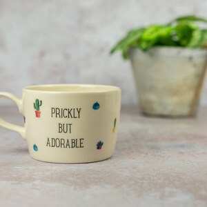 May include: A white ceramic mug with a cactus design and the text "Prickly But Adorable".
