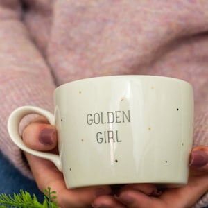 Golden Girl Mug, handmade stoneware golden girl cup with metallic gold spots