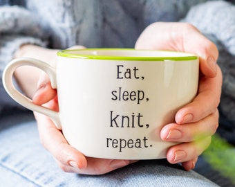 Eat, sleep, knit repeat handmade mug for knitter. Knitting themed gift.