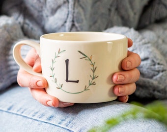 Initial monogram mug. Handmade personalised initial cup with gold accents