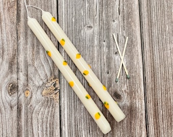 Lemon fragranced decorated taper candles, handmade dinner candles, spring candle decor